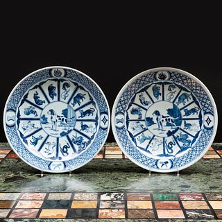 Pair of Chinese Blue and White Porcelain 'Zodiac' Dishes