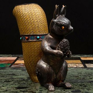 Chinese Cloisonné and Bronze Squirrel Form Pen Holder