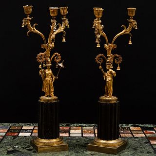 Pair of Victorian Gilt-Bronze and Bronze Chinoiserie Three-Light Candelabra
