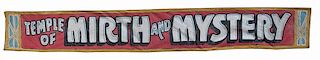 Temple of Mirth and Mystery. Magic Show Banner. American, ca. 1960s. Vintage hand-painted long tent canvas banner from an unknown magic show. Approx. 