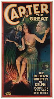 Carter, Charles. Carter the Great. The Modern Priestess of Delphi. Cleveland: Otis Litho, ca. 1930. Three-sheet (76 _ x 41Ó) color lithograph adverti