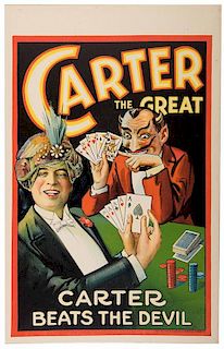 Carter, Charles. Carter Beats the Devil. Cleveland: Otis, ca. 1926. Lithographed window card (14 x 22Ó) printed in bright colors, in which smiling Ca