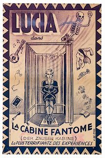 Lucia. Lucia dans Le Cabine Fantome. Paris: Harcout, ca. 1920. Monochrome poster depicts a comely blonde woman tied in a spirit cabinet with manifesta
