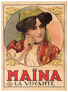 Ma•na La Voyante. Paris: Louis Galice, ca. 1910. Half-sheet color lithograph bearing a bust portrait of the mind reader in gypsy-like garb. Palest s