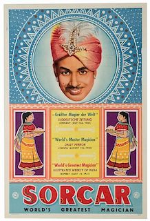 Sorcar, P.C. Sorcar. World's Greatest Magician. India, ca. 1950. Color lithograph poster. Linen-backed. 29 _ x 20Ó. Portion of right margin chipped a