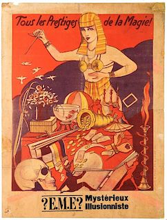 [Stock Poster] E.M.E. Mysterieux Illusioniste. Paris: Studio de Magie, ca. 1925. Stock poster depicts a woman in Egyptian headdress and costume conjur
