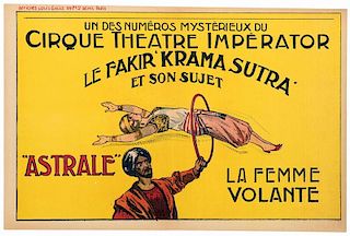 [Stock Poster] Levitation Stock Poster. Paris: Louis Galice, ca. 1915. A turban-clad mystic passes a hoop over a lovely assistant who floats over his 