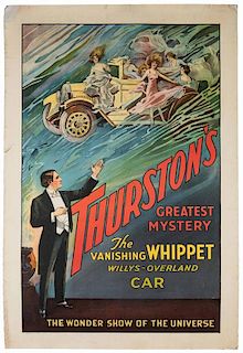 Thurston, Howard. Thurston's Greatest Mystery. The Vanishing Whippet. [Cleveland: Otis Litho], ca. 1924. Depicting an automobile filled with comely la