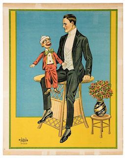 [Ventriloquism] Stock Ventriloquism Poster. Newport: Donaldson Litho., ca. 1920. Colorful stock poster depicts a tuxedo-clad ventriloquist with his fi