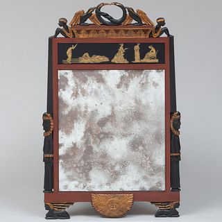 Italian Neoclassical Style Iron Red Painted, Ebonized, Parcel-Gilt and Verre Églomisé Mirror