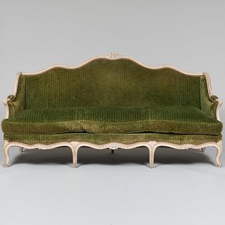 Louis XV Style Painted Green Velvet Upholstered Settee