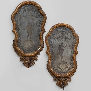 Pair of Italian Rococo Style Giltwood and Etched Glass Girandole Mirrors