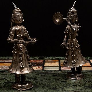 Pair of Indian Silvered-Metal Models of Musicians