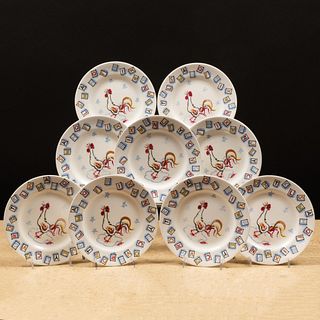 Set of Nine Staffordshire Porcelain Cocktail Plates Decorated with Cockrels