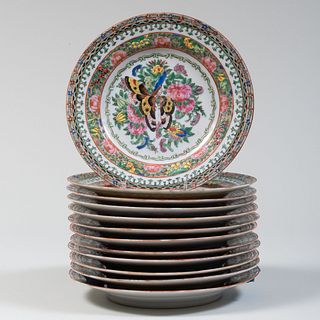 Set of Twelve Chinese Export Rose Medallion Porcelain Plates