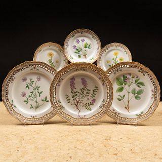 Set of Twelve Flora Danica Porcelain Reticulated Lunch Plates and a Set of Eight Side Plates