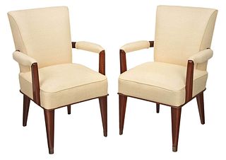 Pair Mid Century Modern Mahogany Open Armchairs