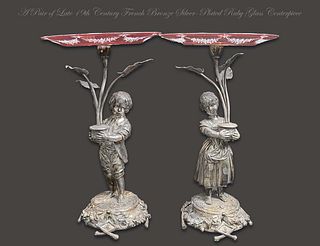 A Pair of Late 19th C. French Bronze Silver-Plated Ruby Glass Centerpiece