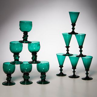 Georgian & Bohemian blue-green glass stemware