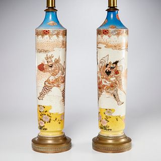 Pair Japanese Satsuma vase lamps