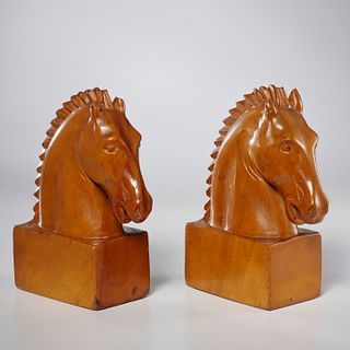 Pair Art Deco carved fruitwood horse heads