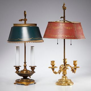 (2) bronze bouillotte lamps with tole shades