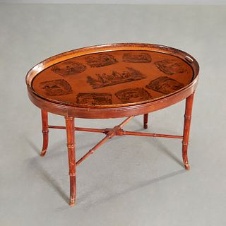 Regency tole tray on faux bamboo table base