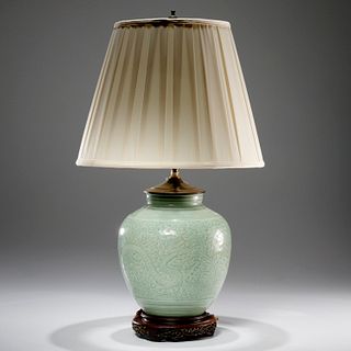 Chinese carved celadon porcelain dragon jar lamp