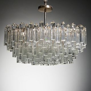Venini style tiered glass and chrome chandelier