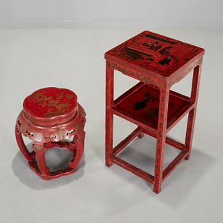 Chinese red lacquered tiered table and garden seat