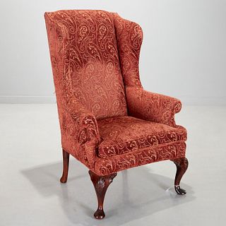 Antique Queen Anne style upholstered wing chair