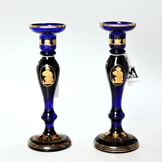 Pair George III style cobalt glass candlesticks