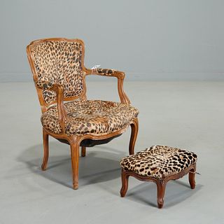 Louis XV style leopard print fauteuil & footstool