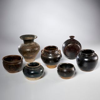 (7) antique Asian glazed stoneware vessels