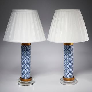 Pair Designer porcelain and acrylic cylinder lamps