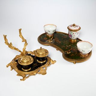 (2) antique Louis XV style Chinoiserie encriers