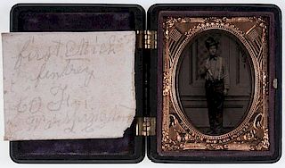 Civil War, Ninth Plate Ruby Ambrotype of Soldier Displaying his Knife, Possibly from the First Michigan Infantry 