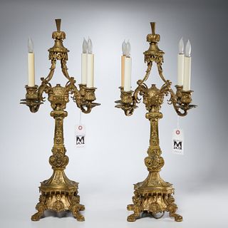 Pair Victorian bronze candelabra lamps