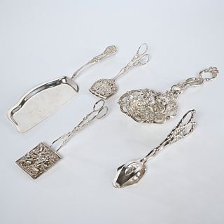 (5) ornate Continental silver serving utensils