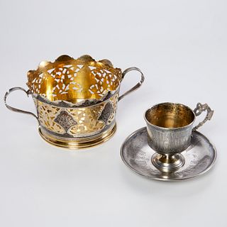 Russian silver niello bowl, with cup & saucer