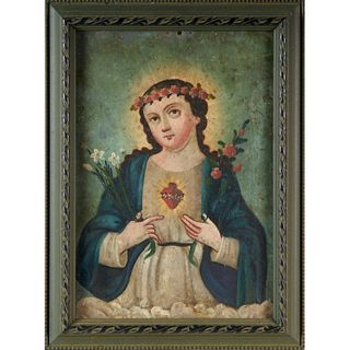 Retablo, The Sacred Heart of Mary, oil on tin