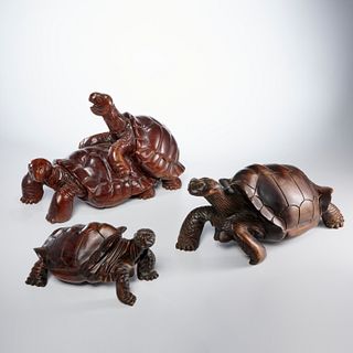 (3) large carved hardwood tortoises