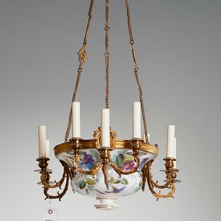 Continental bronze & enameled glass chandelier