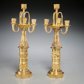 Pair Continental grotto style bronze candelabra