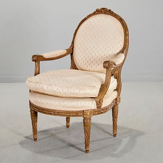 Louis XVI style carved giltwood fauteuil