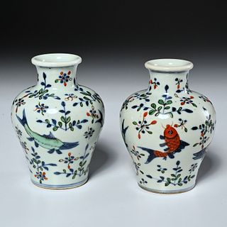Pair Chinese Doucai porcelain koi vases