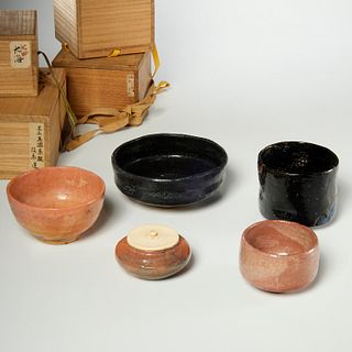 (5) Japanese Raku tea bowls, signed
