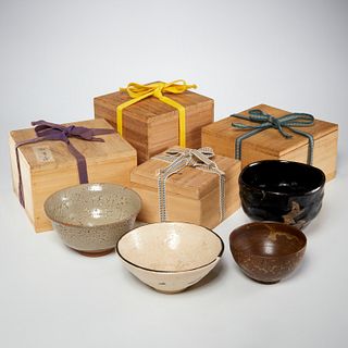 (4) Japanese stoneware chawan tea bowls