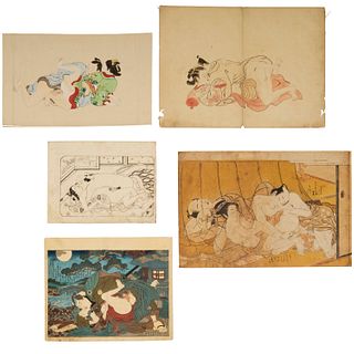 (5) Japanese erotic woodblocks & paintings