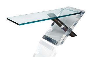 A MID-CENTURY MODERN LUCITE AND GLASS 'LIPSTICK' COFFEE TABLE